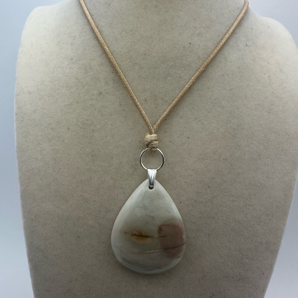 Light Polychrome Jasper Pendant Necklace on Tan Adjustable Rope - Picture 5 of 8